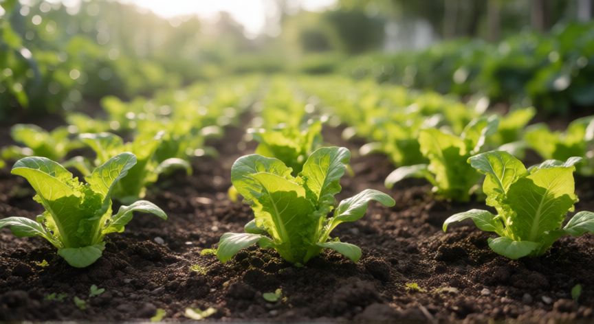 como sembrar lechugas, Plántulas jóvenes de lechuga germinando en el huerto