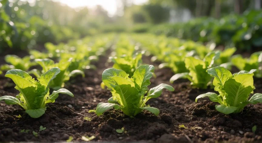 como sembrar lechugas, Plántulas jóvenes de lechuga germinando en el huerto
