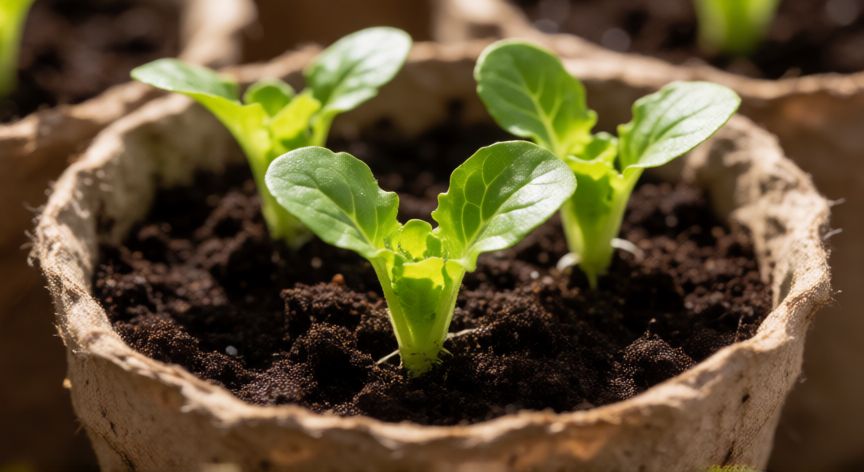 como sembrar lechugas en casa, Brote de lechuga joven en maceta de papel biodegradable con tierra fértil