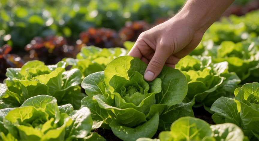 como sembrar lechugas en casa, Cosecha manual de hojas de lechuga fresca en un huerto urbano soleado