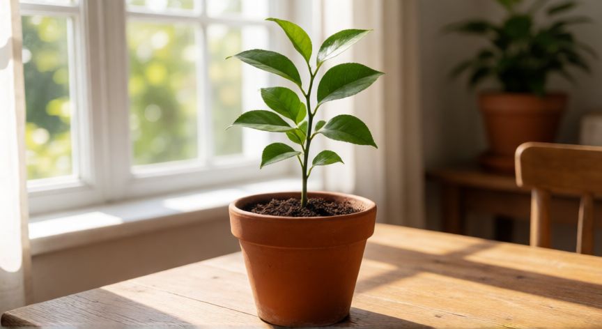 como sembrar limonero, Joven brote de limonero en una maceta de terracota recibiendo luz solar natural.