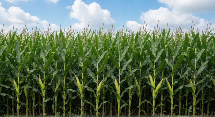 como sembrar maiz, Plantas de maiz creciendo sanas y fuertes en un campo abierto