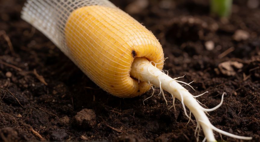 como sembrar mango, Semilla de mango germinando en una malla sobre tierra de cultivo