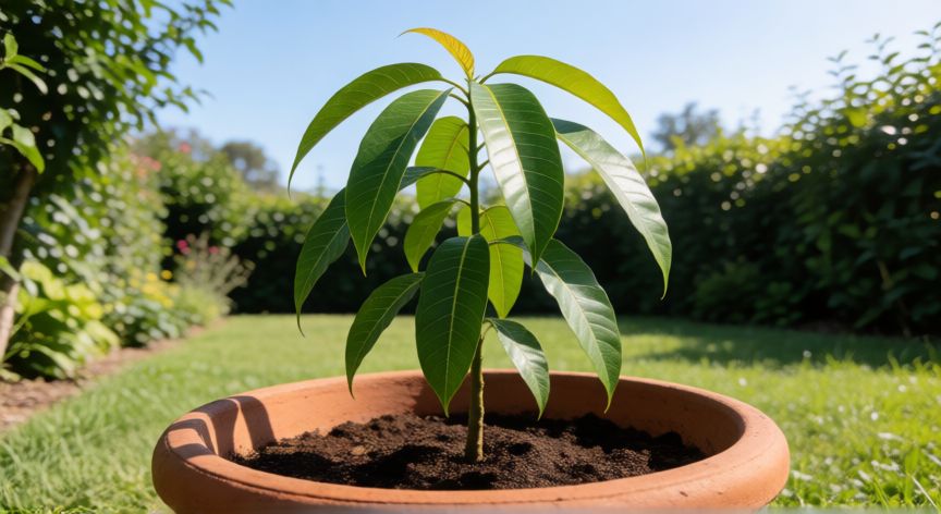 como sembrar mango, Joven árbol de mango en maceta expuesto al sol en el jardín