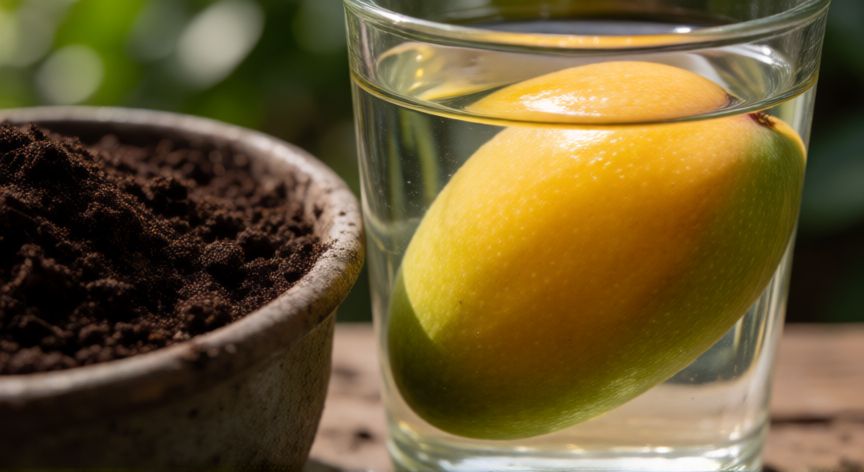 como sembrar mango en maceta, Semilla de mango remojada junto a una maceta con sustrato