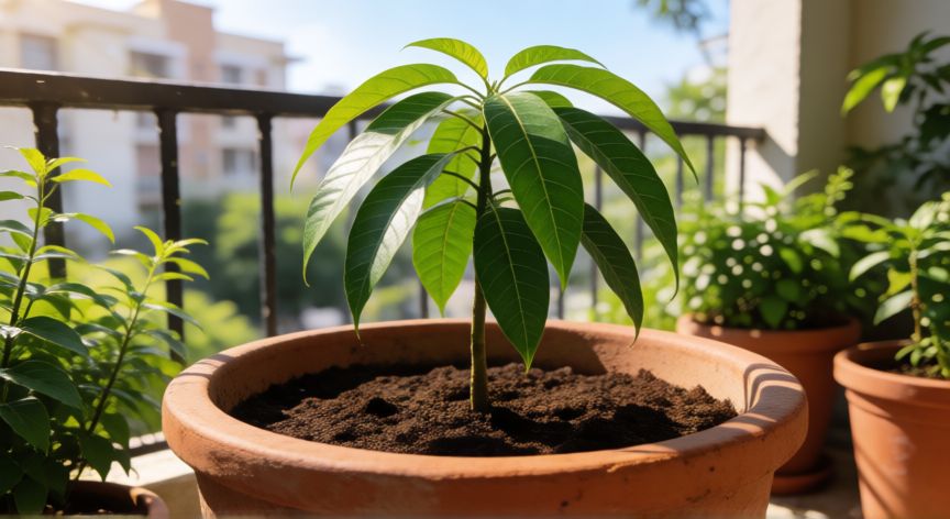 como sembrar mango en maceta, Joven arbol de mango creciendo en una maceta grande en un balcon soleado