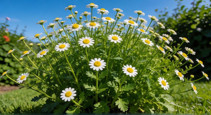 como sembrar manzanilla, Planta de manzanilla en flor bajo el sol