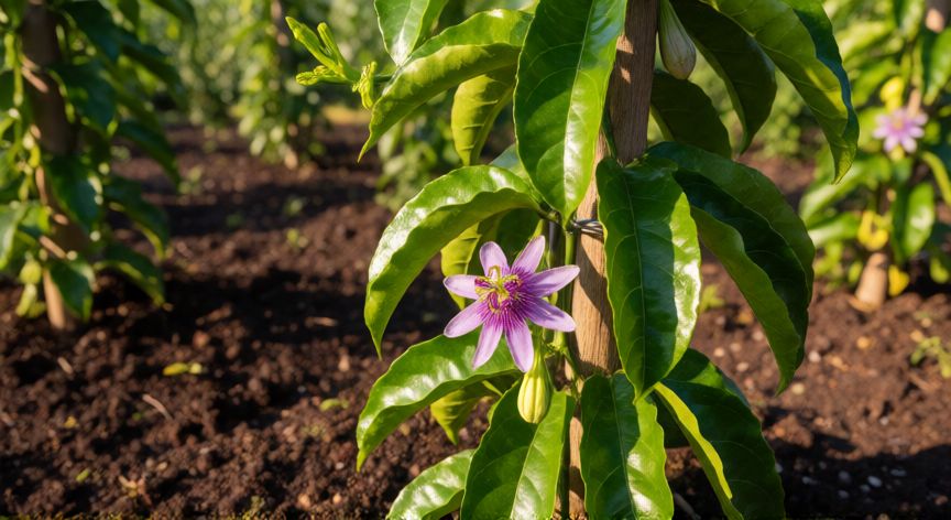 como sembrar maracuyá en españa, Planta de maracuyá joven creciendo en un huerto soleado con tutoraje de madera