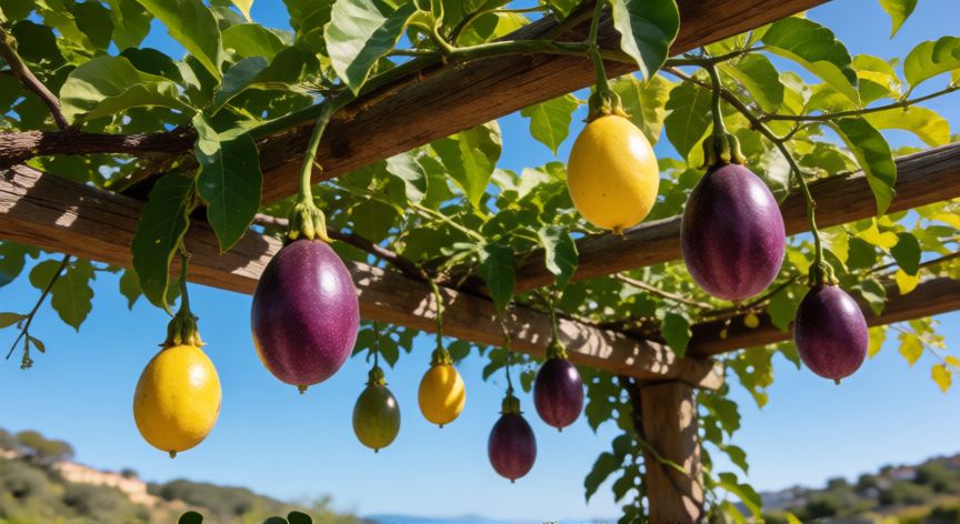 como sembrar maracuyá en españa, Trepador de maracuyá adulto con frutos maduros colgando bajo una pérgola