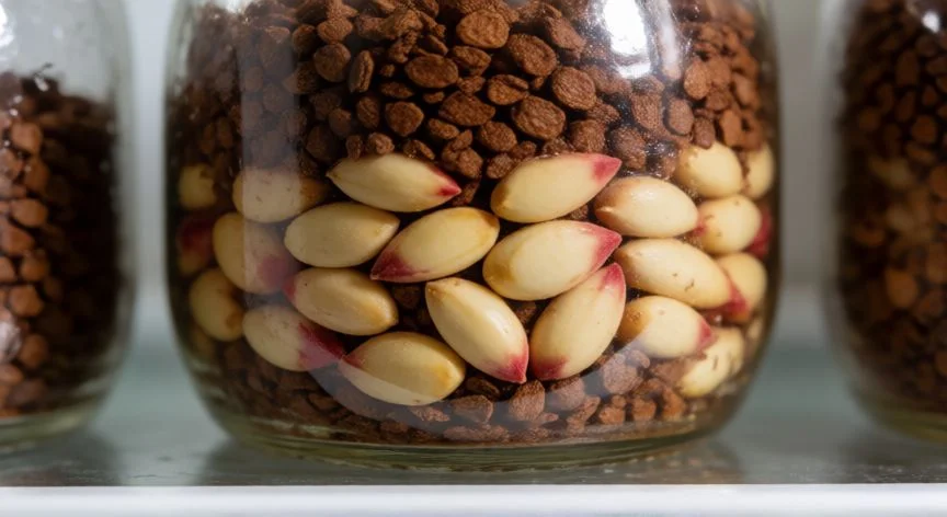 Semillas de melocotón en proceso de estratificación en frío dentro de un frasco