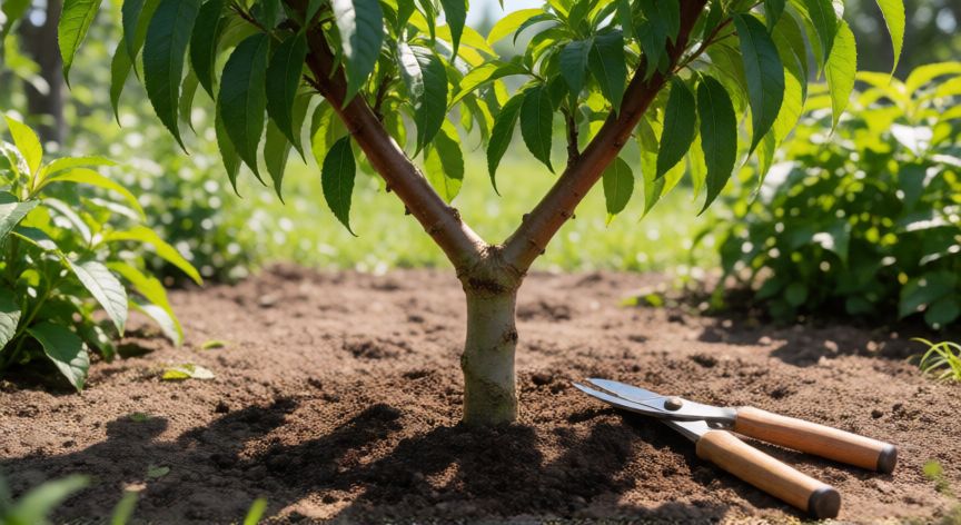 como sembrar melocoton, Joven melocotonero injertado en un jardín soleado con herramientas de poda cerca