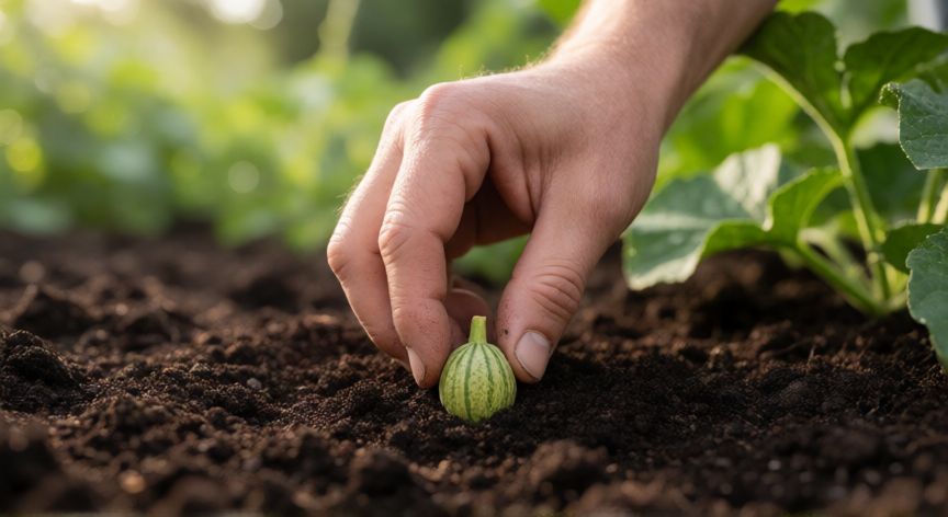 como sembrar melones, Mano sembrando semilla de melon en tierra fertil