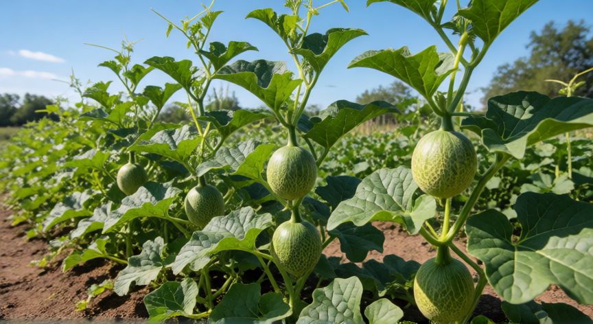 como sembrar melones, Plantas de melon con frutos en crecimiento en huerto soleado