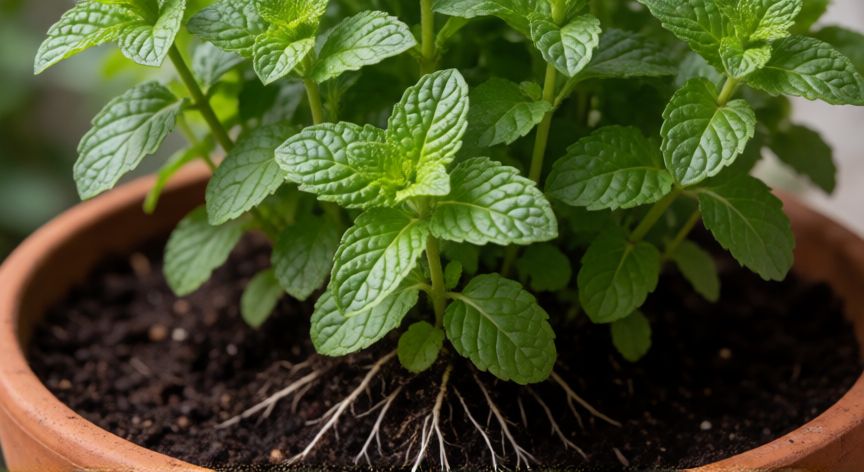 como sembrar menta, Planta de menta saludable cultivada en maceta con sustrato rico