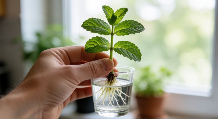 como sembrar menta, Esqueje de menta enraizado en agua listo para el trasplante