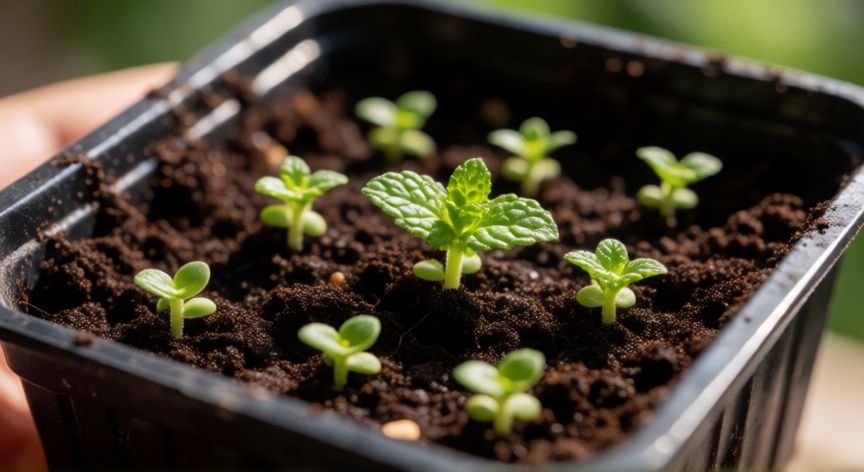 como sembrar menta con semillas, Semillas de menta germinando en una bandeja de sustrato húmedo