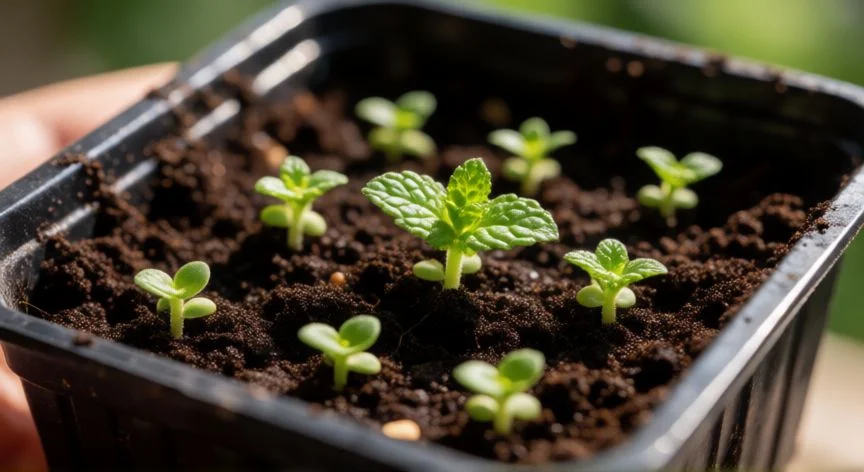 Semillas de menta germinando en una bandeja de sustrato húmedo