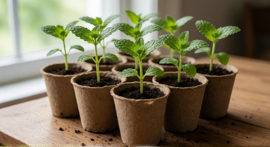 como sembrar menta con semillas, Plántulas de menta jóvenes listas para el trasplante en macetas pequeñas