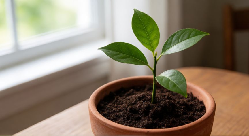como sembrar naranjas, Semillero de naranja en maceta con hojas verdes brotando del suelo