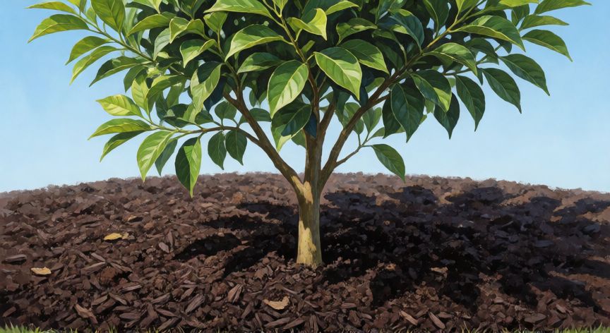 como sembrar naranjas, Joven árbol de naranja plantado en la tierra con sol directo y sustrato oscuro