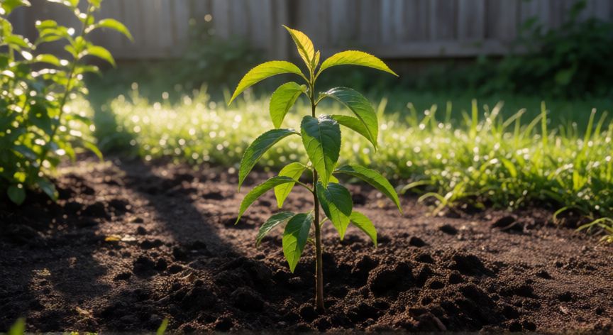 como sembrar nectarina, Joven árbol de nectarina recién trasplantado en un jardín soleado