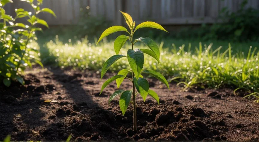como sembrar nectarina, Joven árbol de nectarina recién trasplantado en un jardín soleado