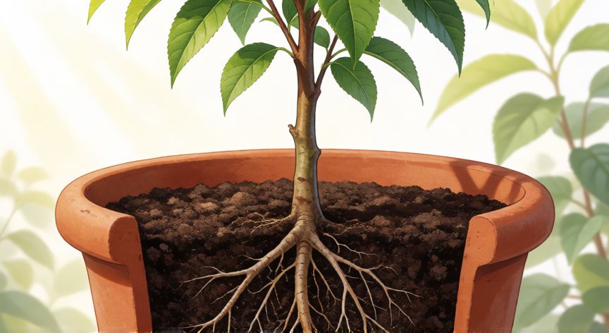 como sembrar nectarina en casa, Joven árbol de nectarina en maceta con raíces desarrolladas
