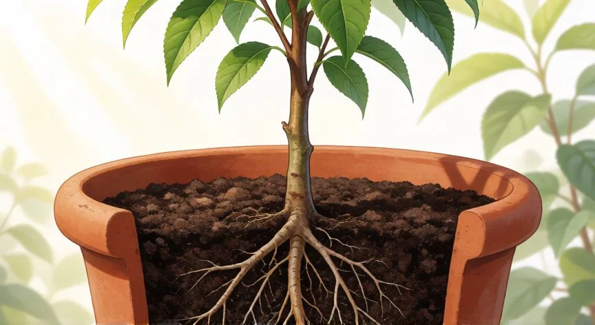 como sembrar nectarina en casa, Joven árbol de nectarina en maceta con raíces desarrolladas