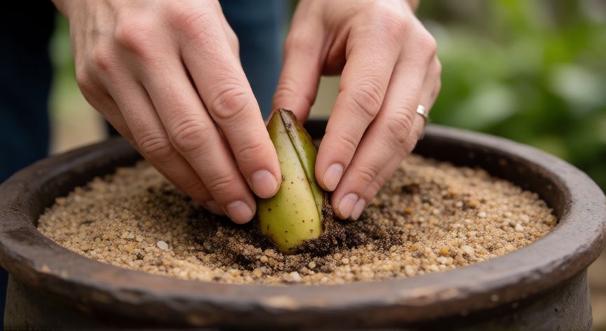 como sembrar nenufares, Manos plantando el rizoma de un nenúfar en una maceta con arena gruesa