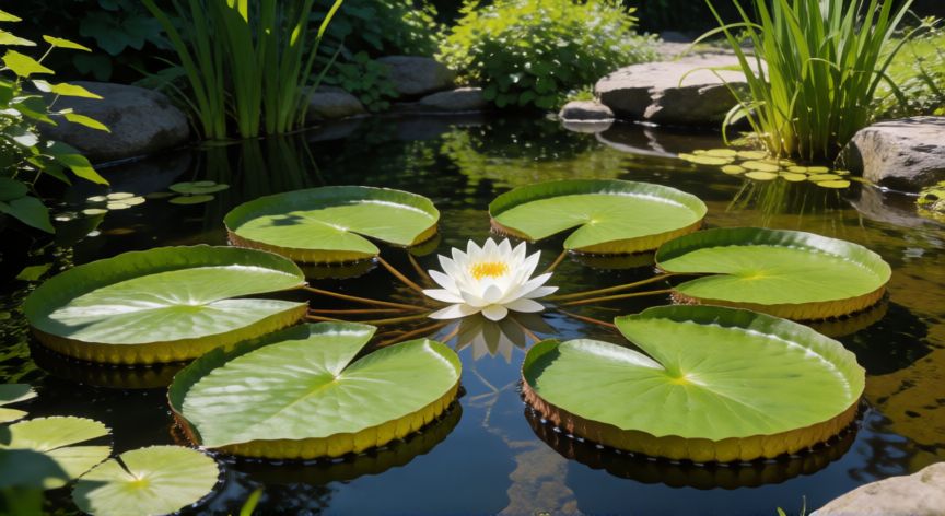como sembrar nenufares, Estanque de jardín con nenúfares verdes y una flor blanca en plena floración