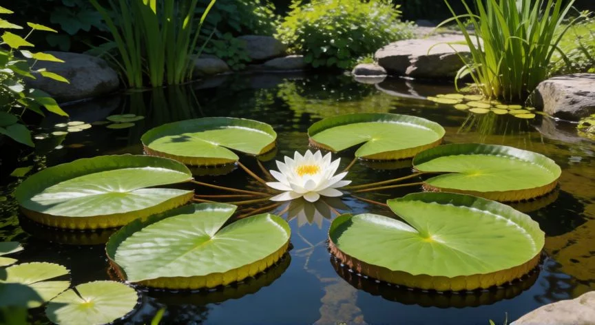 como sembrar nenufares, Estanque de jardín con nenúfares verdes y una flor blanca en plena floración