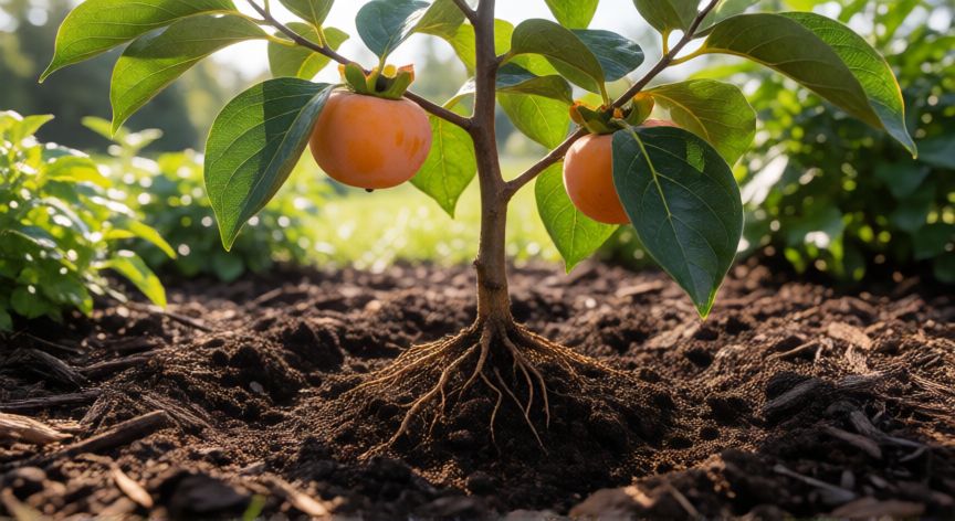 como sembrar nisperos, Joven nispero recién plantado en suelo preparado con mulch orgánico