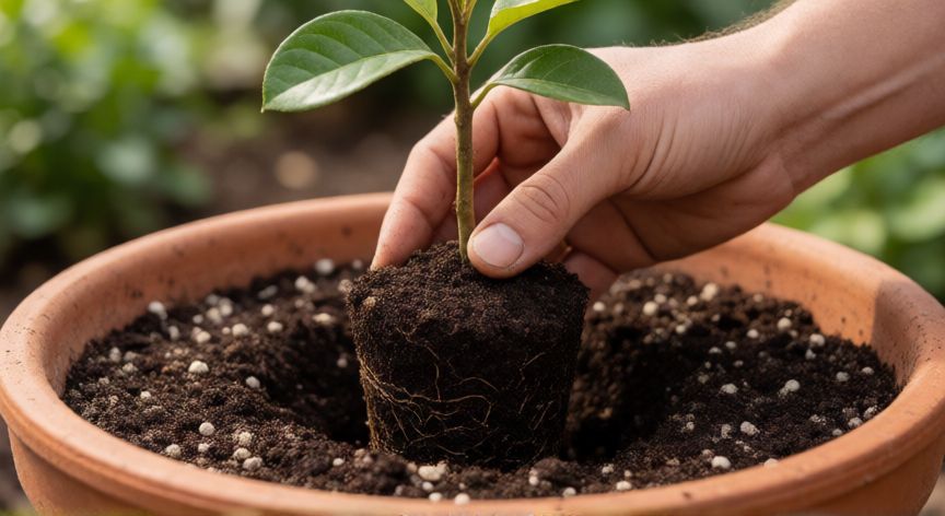 como sembrar nisperos en maceta, Proceso de siembra de un joven árbol de níspero en una maceta de barro con sustrato rico