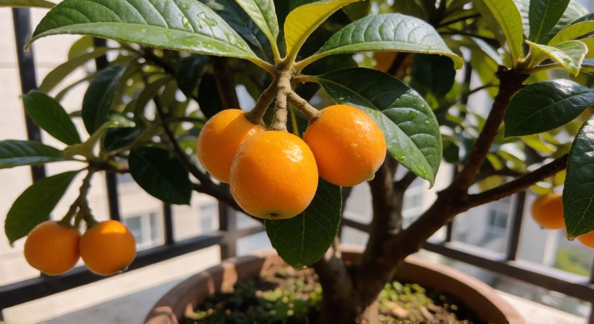 como sembrar nisperos en maceta, Árbol de níspero maduro en maceta con frutos naranjas en un balcón soleado
