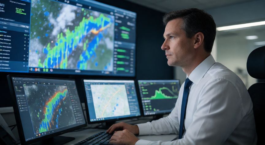 como sembrar nubes para que llueva, Meteorólogo analizando datos de precipitación en una sala de control