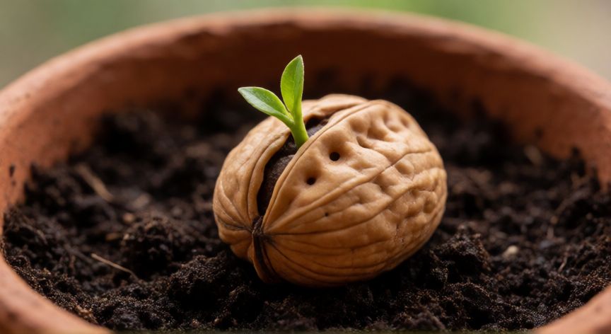 como sembrar nueces, Semilla de nuez germinando en una maceta con sustrato húmedo