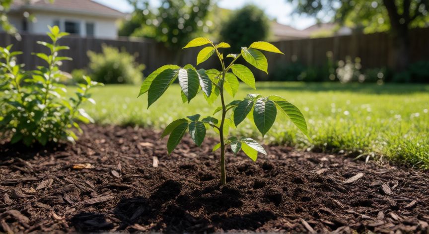 como sembrar nueces, Joven árbol de nuez plantado en un jardín con sustrato rico y mulch orgánico