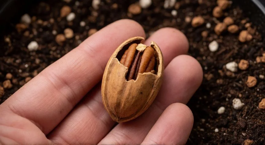Mano sosteniendo una nuez de pecán agrietada lista para germinar sobre suelo
