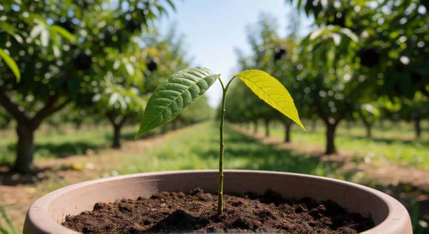 como sembrar nueces de pecán, Plántula joven de nuez de pecán creciendo en una maceta al aire libre