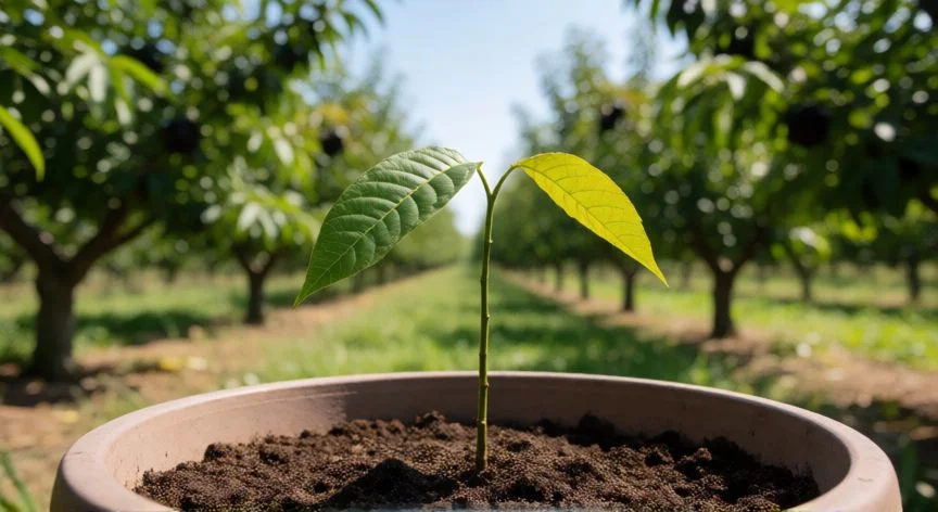 como sembrar nueces de pecán, Plántula joven de nuez de pecán creciendo en una maceta al aire libre