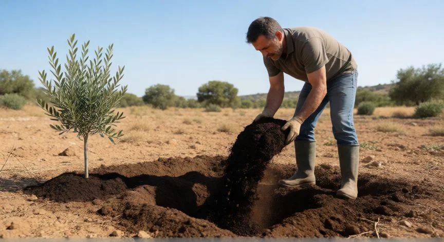 Preparación del suelo y hoyo para la siembra de un olivo joven
