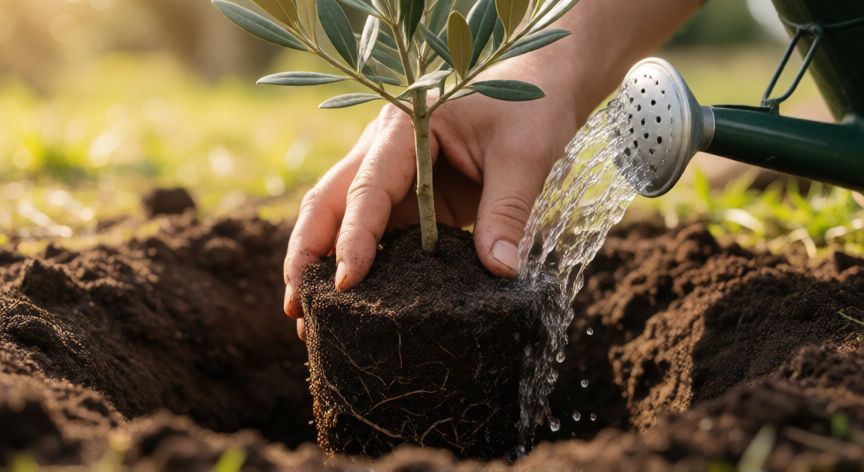 como sembrar olivos, Técnica de colocación del cepellón y riego de asiento del olivo