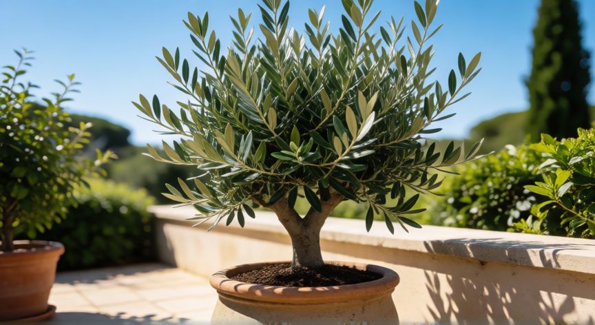como sembrar olivos en macetas, Olivo joven sano en maceta bajo el sol en una terraza soleada