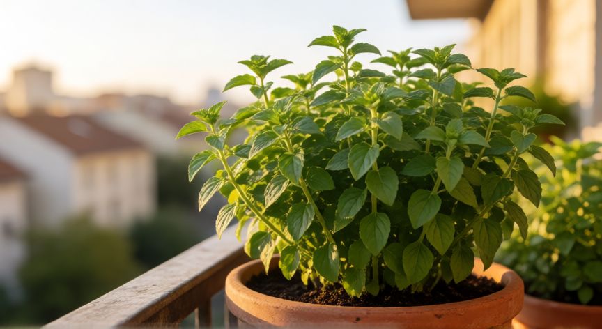 como sembrar oregano, Planta de oregano madura en maceta de terracota al sol