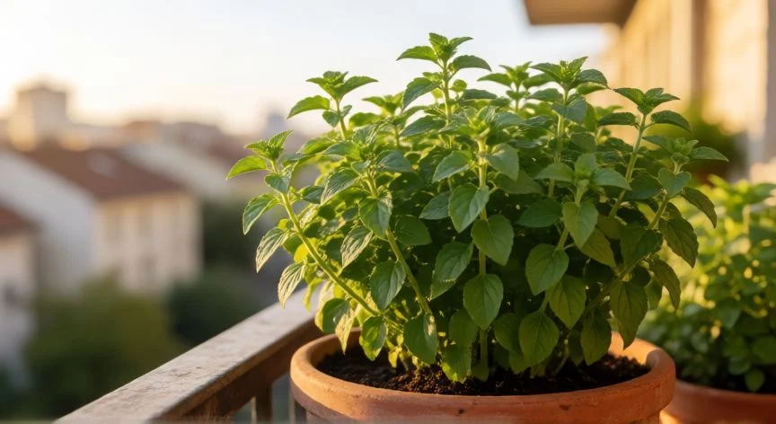 como sembrar oregano, Planta de oregano madura en maceta de terracota al sol