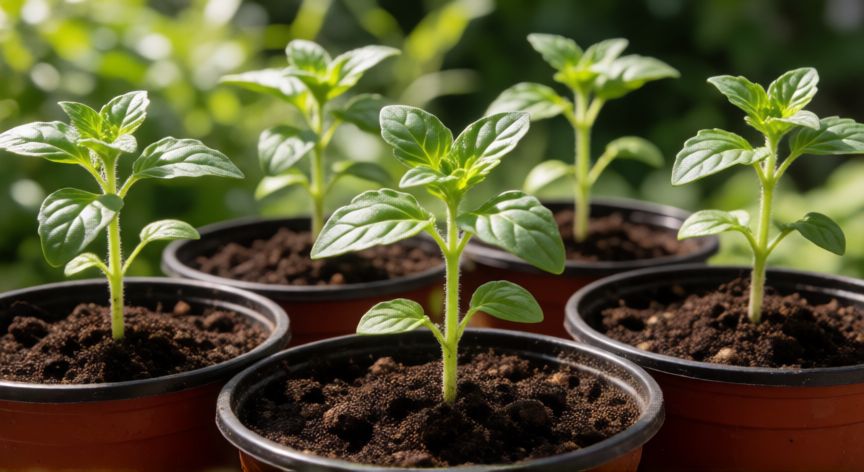 como sembrar oregano con semillas, Plántulas jóvenes de orégano en macetas de cultivo