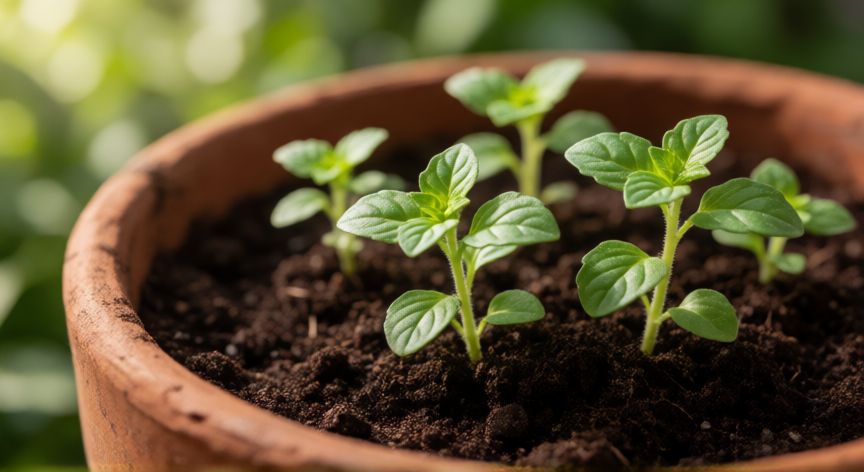 como sembrar orégano en macetas, Plántulas jóvenes de orégano germinando en una maceta de terracota con sustrato oscuro