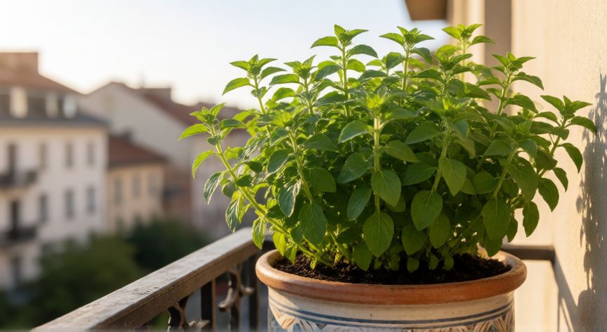 como sembrar orégano en macetas, Planta adulta de orégano sana y frondosa en una maceta decorativa sobre un balcón soleado