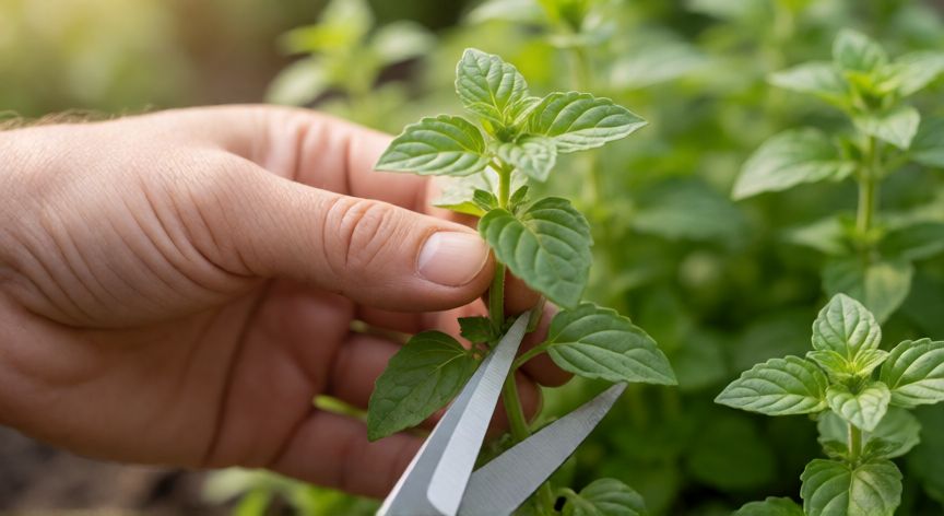 como sembrar orégano sin semilla, Manos de jardinero seleccionando tallos sanos de orégano para estacas