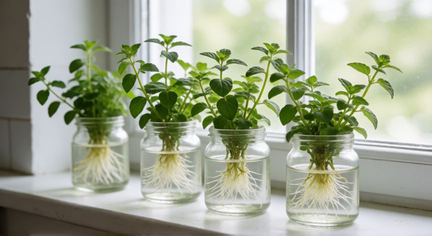 como sembrar orégano sin semilla, Estacas de orégano enraizando en vasos con agua cerca de una ventana